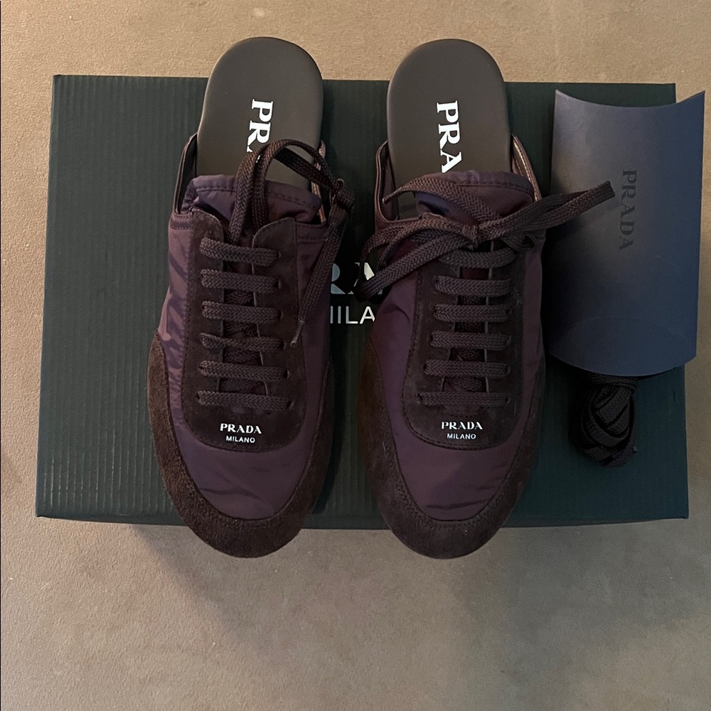 Prada Collapse Nylon and Suede Open-Back Brown/Cafe Sneakers - Picture 9 of 13